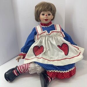 Raggedy Ann Doll Porcelain Face Blue Polka Dot Dress Heart Apron Whimsical